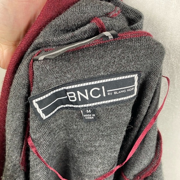 BNCI Black Noir Wool Blend Hooded Open Front Maroon Gray Sweater Cardigan Medium - Picture 3 of 10